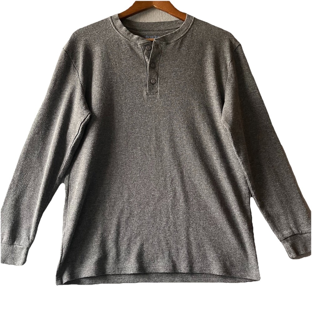 Blue Ice Henley Shirt Gray Waffle Knit Long Sleeve Thermal Layering Casual Large